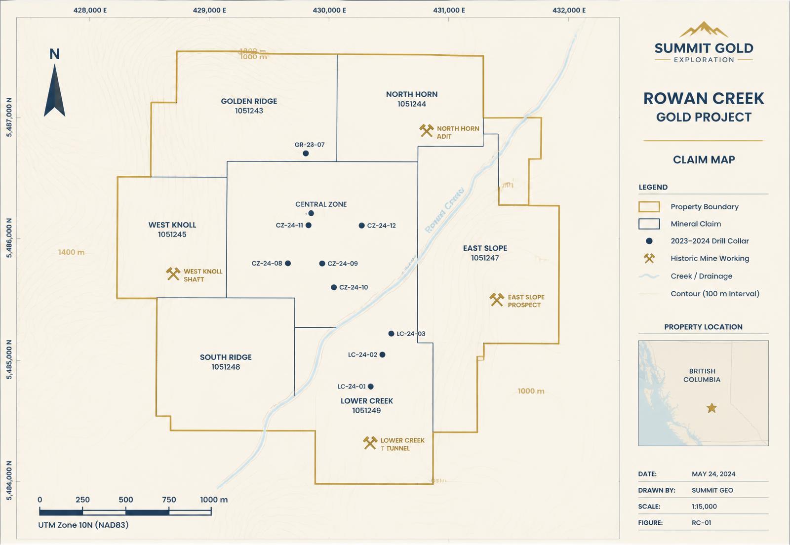 Plan map of the Kestrel property claim block in the Abitibi Greenstone Belt of Ontario, showing the outcropping vein array, the Redtail mill 4 km along strike, the highway access and the grid power line