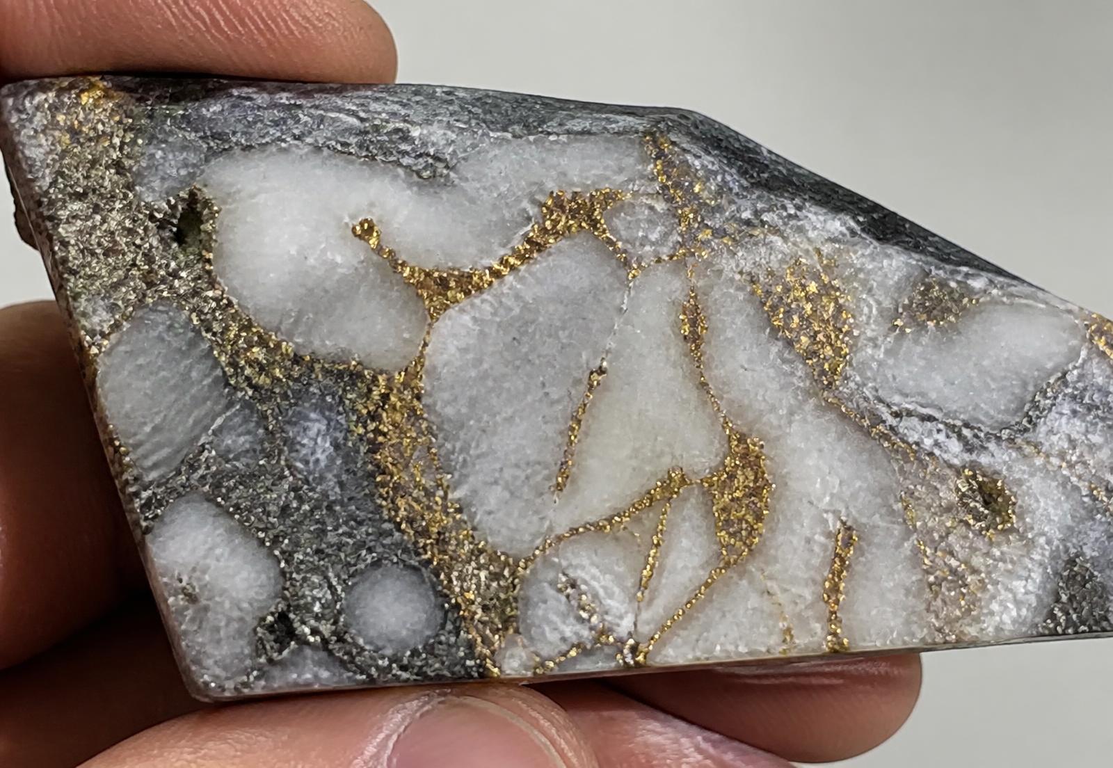Close-up photograph of drill core showing a quartz-carbonate vein with fine pyrite along the selvage and specks of visible gold