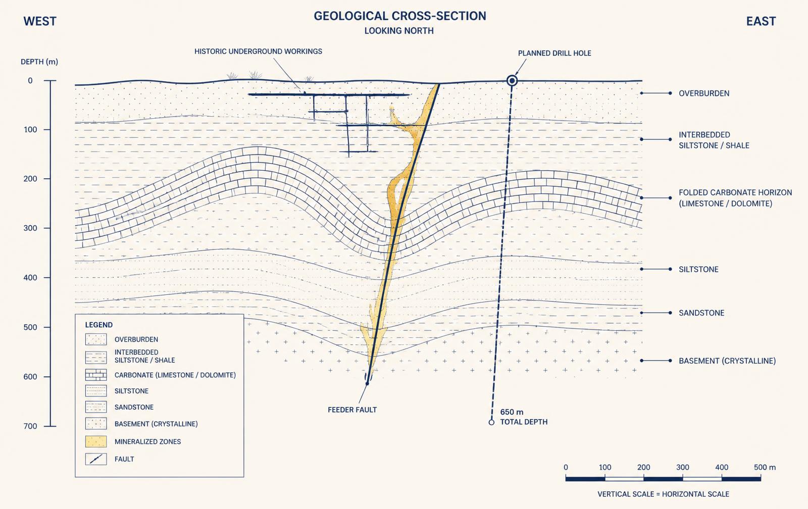 Vertical cross-section through the Kestrel vein array showing steeply dipping quartz-carbonate veins, historical drill hole traces to 300 metres and the untested target zone below