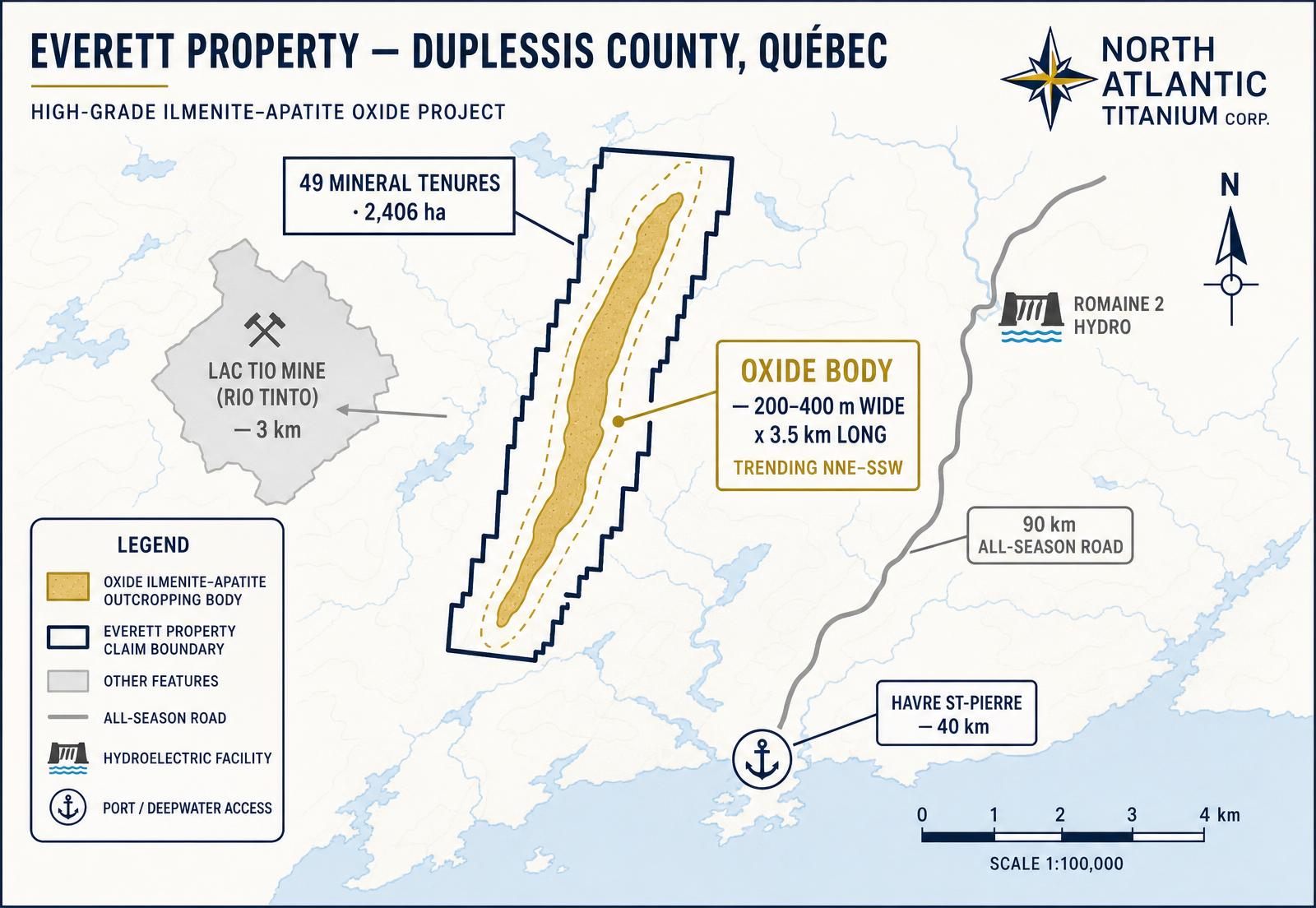 Plan map of the Everett property claim block in Duplessis County, Québec, showing the outcropping ilmenite–apatite oxide body, the Lac Tio mine 3 km west, the all-season road to Havre St-Pierre and the Romaine 2 hydroelectric facility