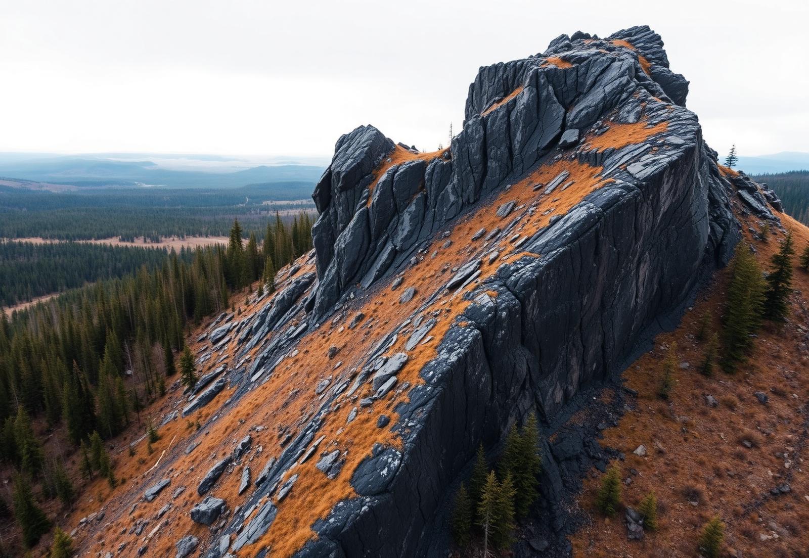 Aerial photograph of a dark oxide outcrop ridge exposed through boreal forest in northern Québec