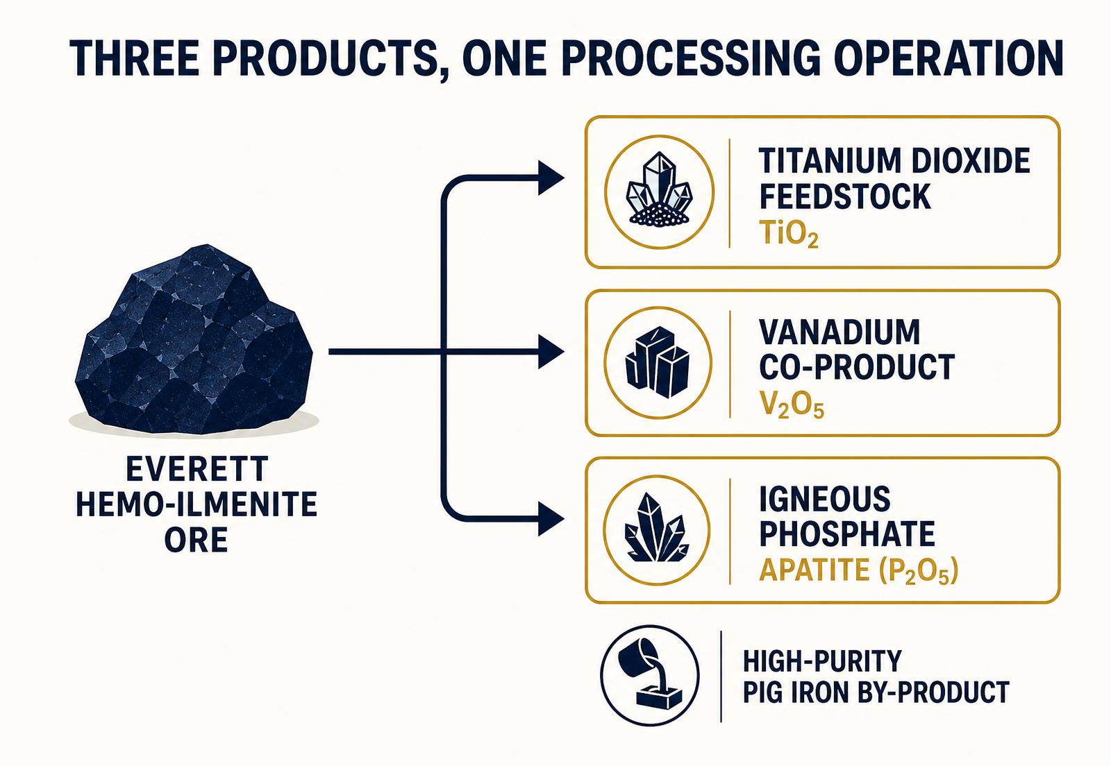Diagram showing Everett hemo-ilmenite ore branching into titanium dioxide feedstock, a vanadium co-product and an igneous phosphate co-product, with high-purity pig iron as a by-product