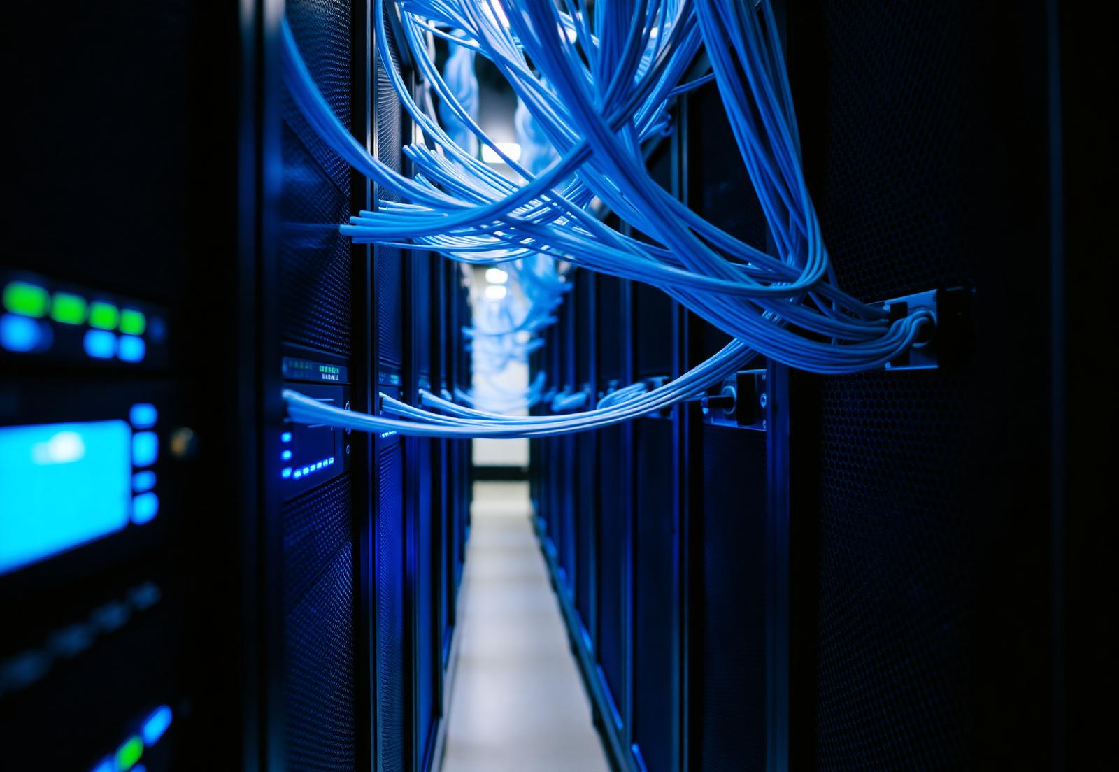 Photograph of a data centre server aisle representing single-tenant and air-gapped Meridian deployments